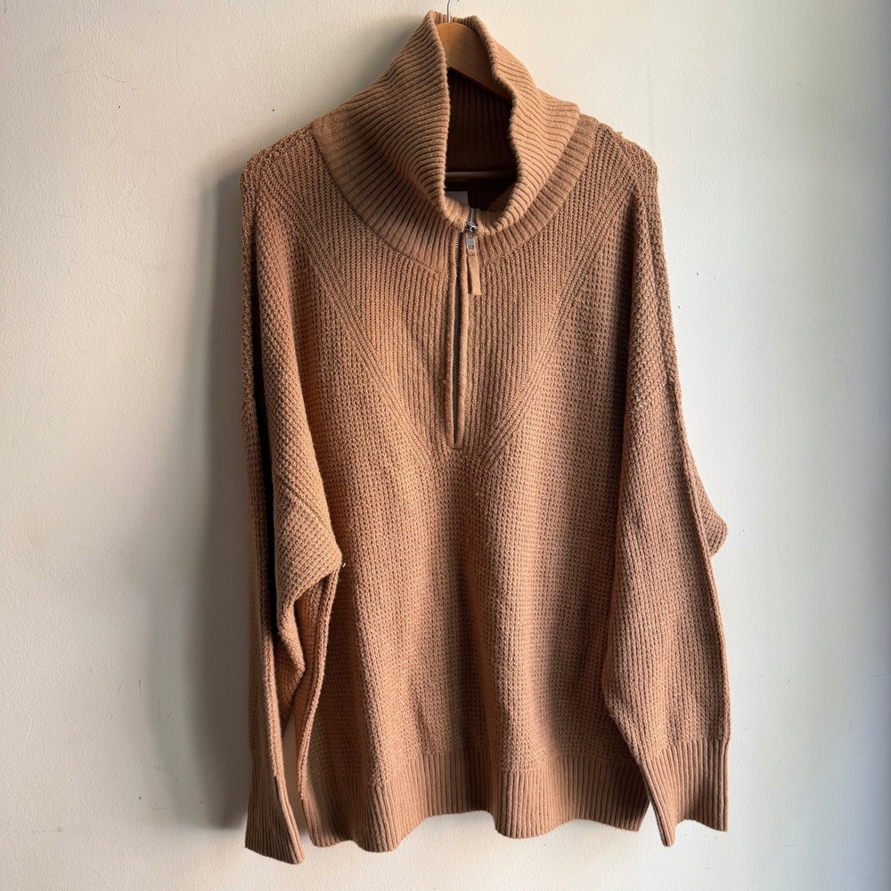 Aerie Waffle Quarter Zip Pullover Sweater Tan Brown‎ Large NWT